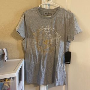 Women’s true, religion, T-shirt, size large, gray, new with tags